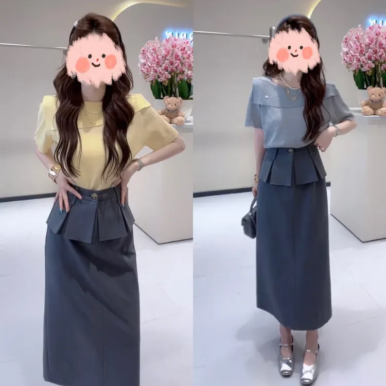 一字领气质短袖夏季薄款修身显瘦时尚洋气针织衫打底上衣半身裙