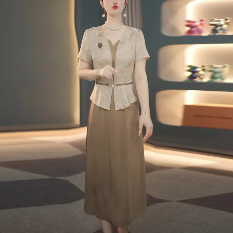 缎面优雅名媛女装2025夏季新款时尚减龄小香风假两件短袖连衣裙子