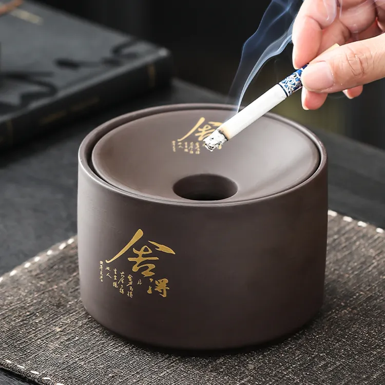 紫砂烟灰缸带盖创意大号复古时尚个性烟灰缸家用客厅办公室防飞灰