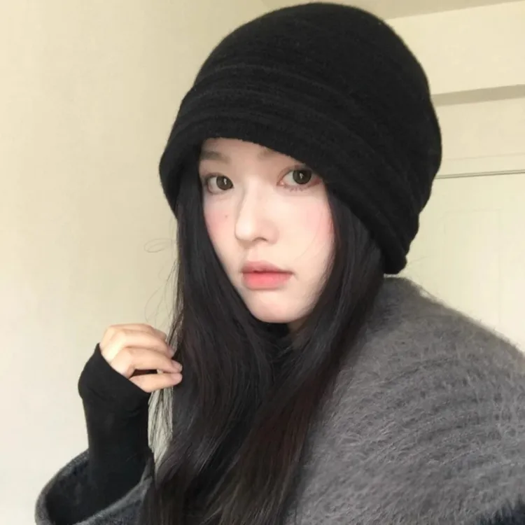 新款多层褶皱羊毛水桶帽秋冬针织渔夫帽复古休闲显脸小可折叠盆帽