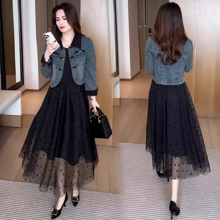 时尚套装女2025春季新款洋气显瘦百搭牛仔外套网纱连衣裙两件套潮