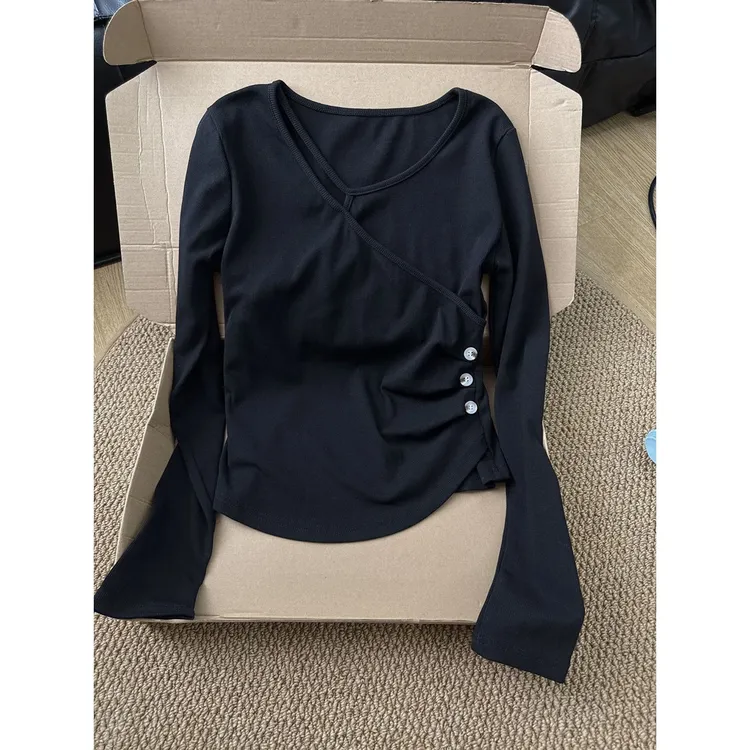 大码200斤气质纯欲风正肩V领长袖t恤女秋冬百搭显瘦遮肉ins上衣潮