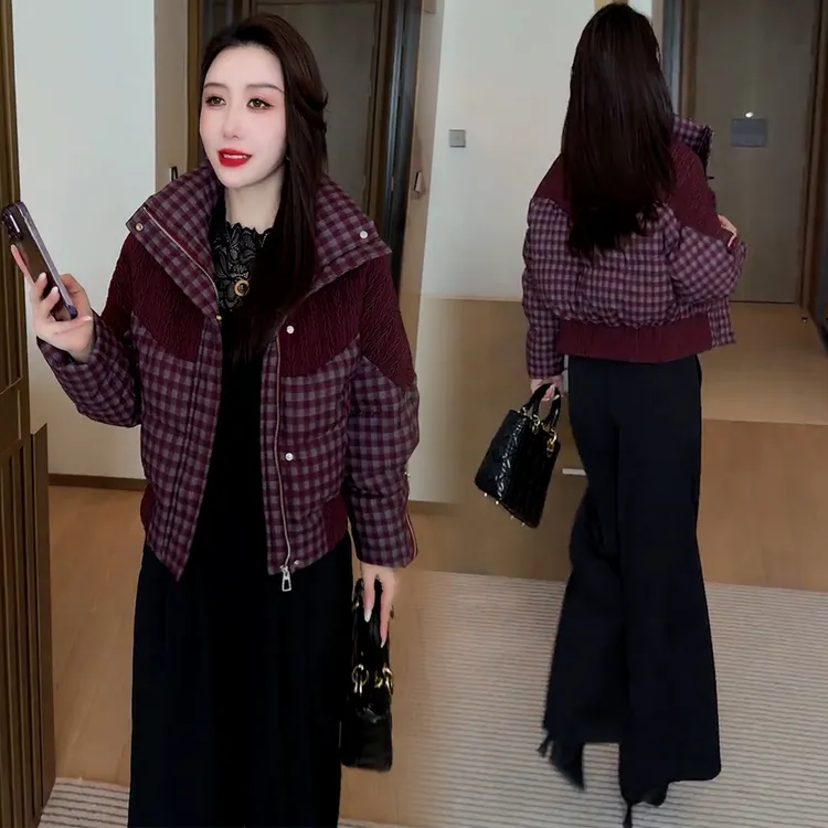 韩版时尚立领格子拼接棉服女2025新款小个子加厚保暖短款休闲棉袄