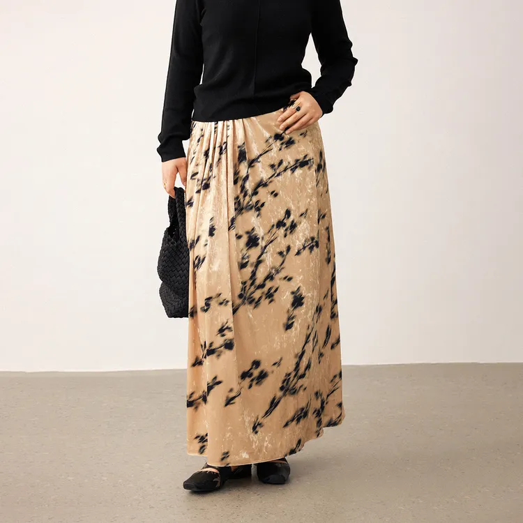 【折扣款】PLUSMALL 烟霞流光 烟花印花金丝绒显瘦半裙PLUS2508067