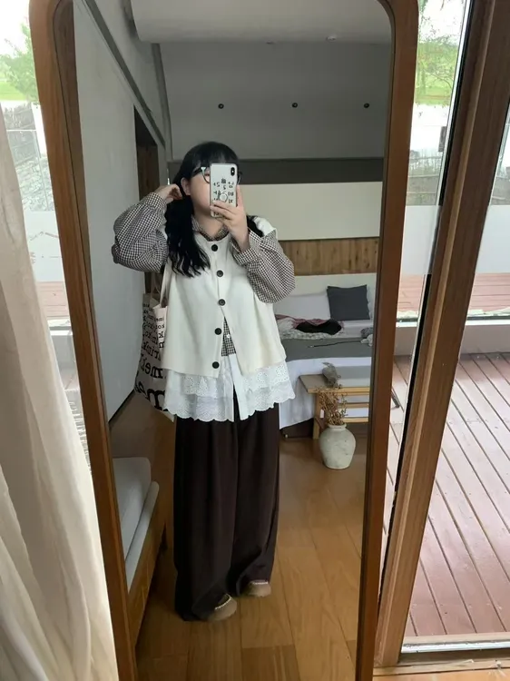 【陈鱼白】2025秋季新款大码女装休闲慵懒风可爱减龄格子衬衫马甲