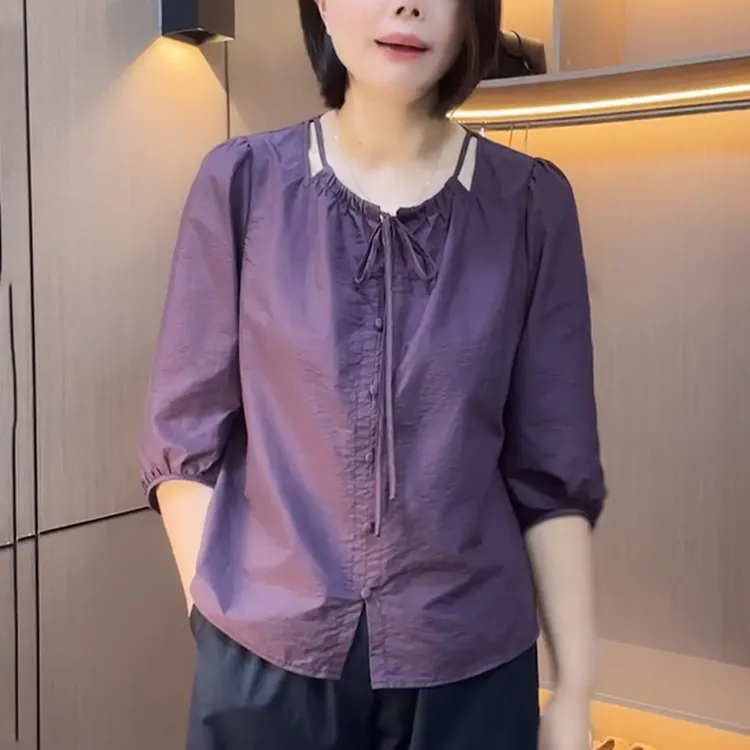 2025早秋新款紫色衬衫女时尚洋气减龄宽松休闲显瘦设计感系带上衣