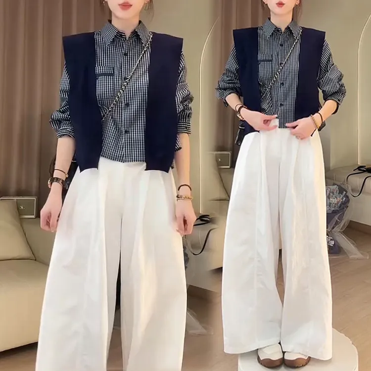 老钱风慵懒时尚套装女2025春秋新款披肩格纹长袖衬衫阔腿裤三件套