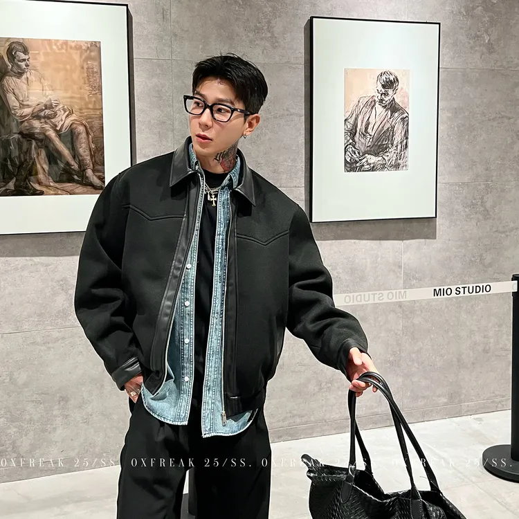 OXFREAK「拼接PU皮领」切割线哈灵顿夹克男短款宽松翻领外套
