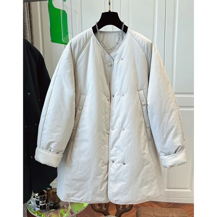 2025冬季新款女欧洲站休闲简约轻薄宽松圆领米白色中长款棉服棉衣