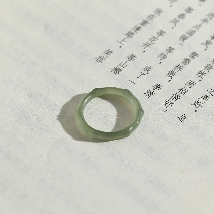 和田玉竹节戒指纯手工雕刻节节高升男女细戒圈复古女士绿色时尚