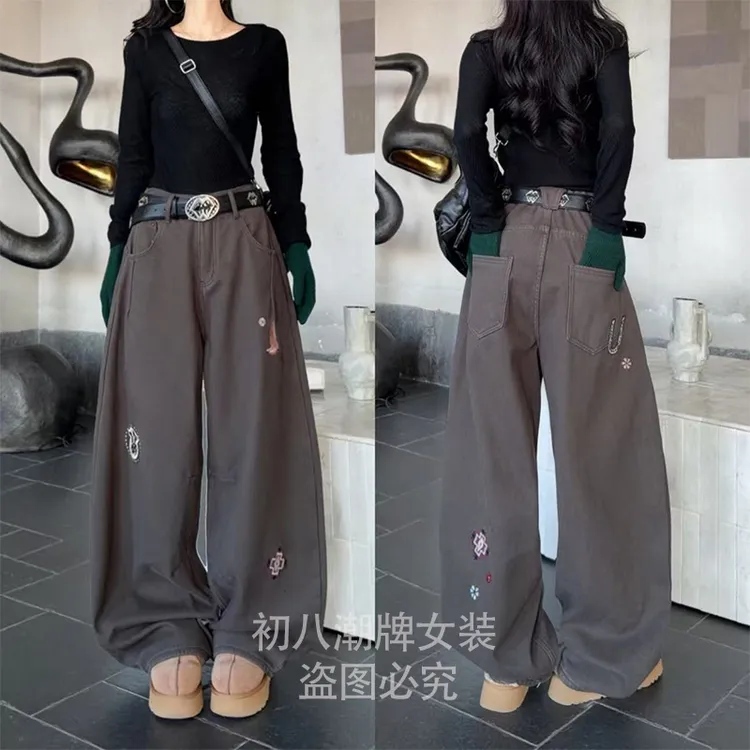 22261重工刺绣加绒加厚牛仔裤2025年美式复古直筒显瘦休闲长裤女