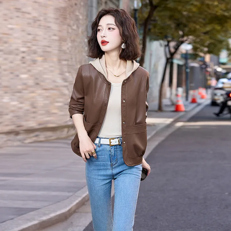 现货秋冬新款短款夹克修身高级感皮衣外套女士机车服上衣WA