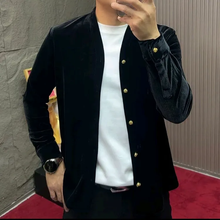 68256男士新款商务百搭舒适丝绒无领长袖衬衫外套