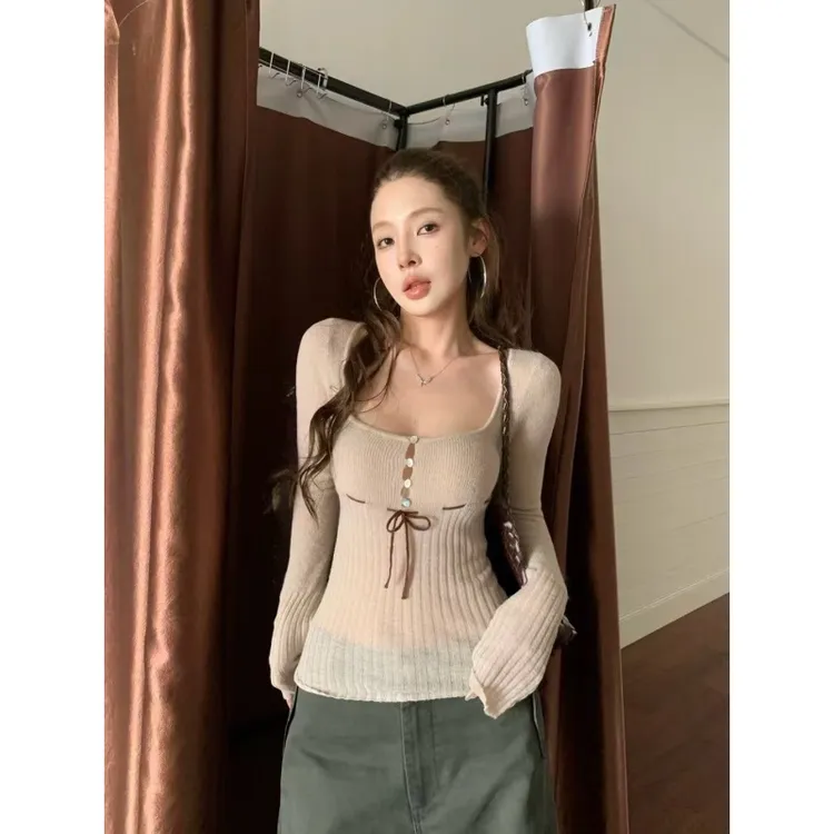 韩系纯欲慵懒风女装U领长袖上衣秋冬复古高腰垂感百搭长裤两件套