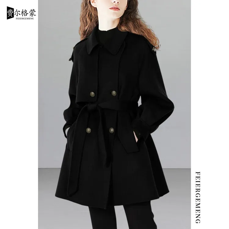 赫本风黑色毛呢外套女冬季新款女修身显瘦轻奢百搭羊毛外套百搭潮