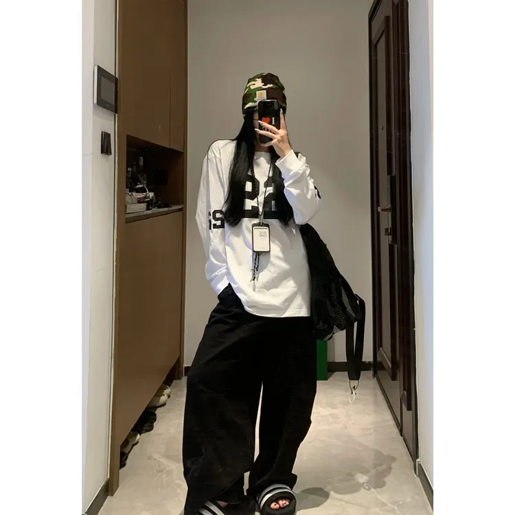 入秋季新款女装重磅纯棉T恤长袖女宽松休闲百搭慵懒风上衣女印花