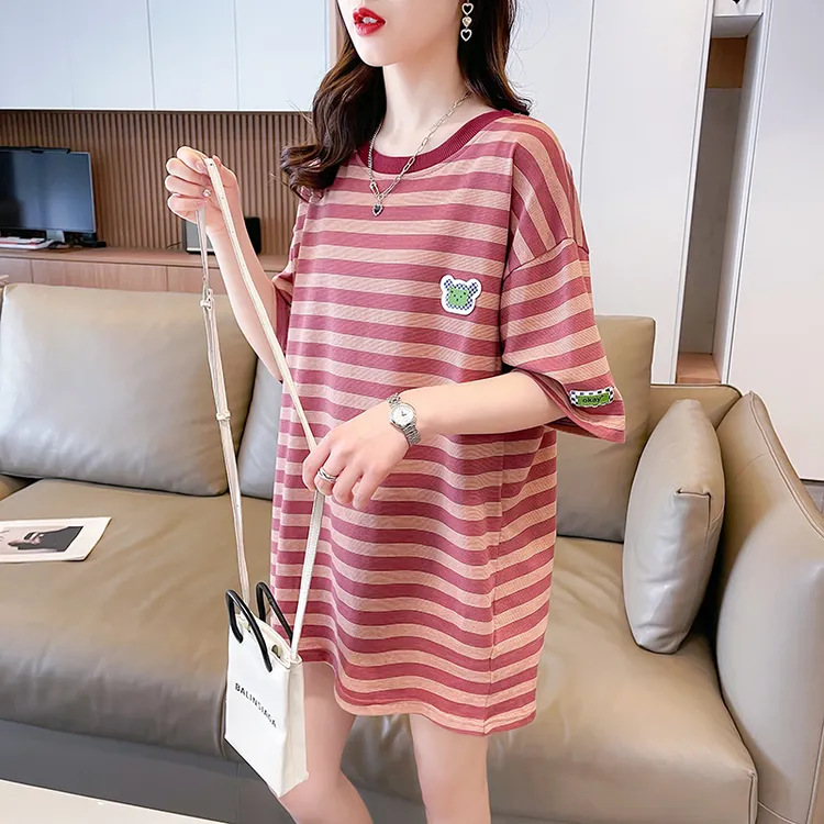 纯棉中长款撞色条纹t恤女短袖上衣孕妇宽松遮屁股条纹衫女夏140斤