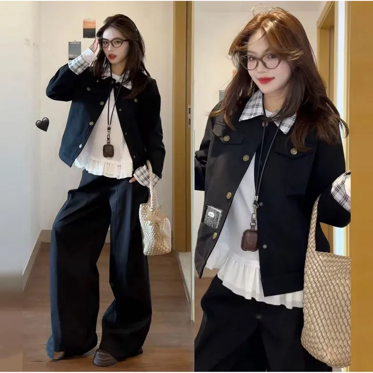 时尚套装秋季慵懒风韩版女短款上衣短外套常规拼接翻领