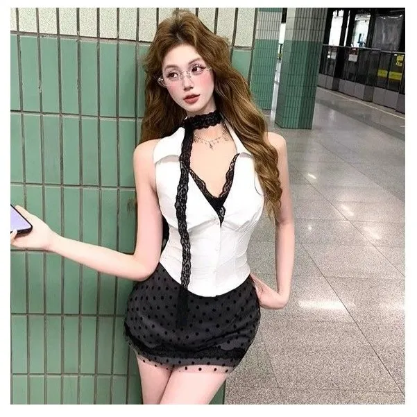 TONGAABB【金秘书】纯欲辣妹V领无袖白衬衫女高腰波点短半裙套装