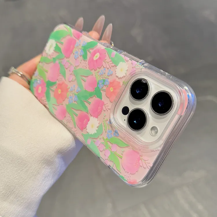 Ins粉色郁金香花朵苹果15pro羽纱手机壳适用iphone16max保护套14