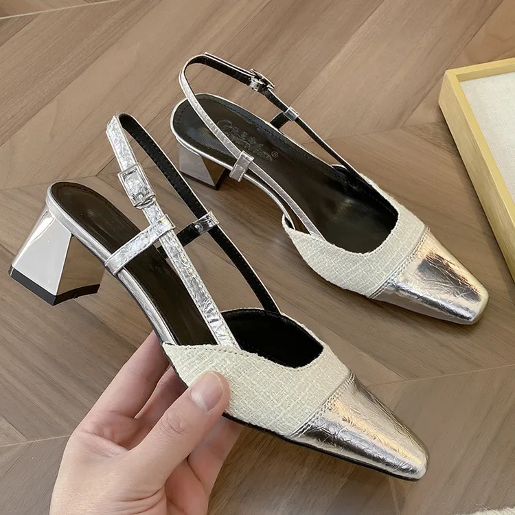 法式一字带方头粗跟凉鞋女2025春夏新款拼色包头后空浅口中跟单鞋