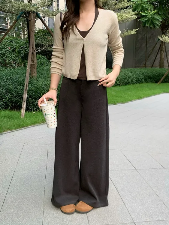咖色慵懒毛呢休闲裤女秋冬季2025新款大码梨形身材高腰遮跨阔腿裤