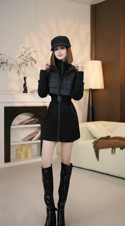 冬季设计师款时尚高级拼接马甲保暖显瘦收腰真两件连衣裙（配腰带）