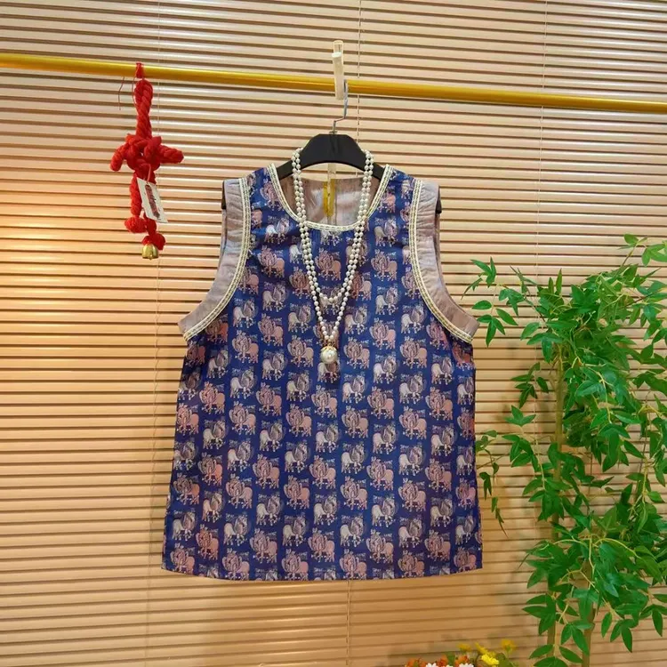 民族风气质印花别致圆领套头马甲胖YY2025早秋新款新中式国风坎肩