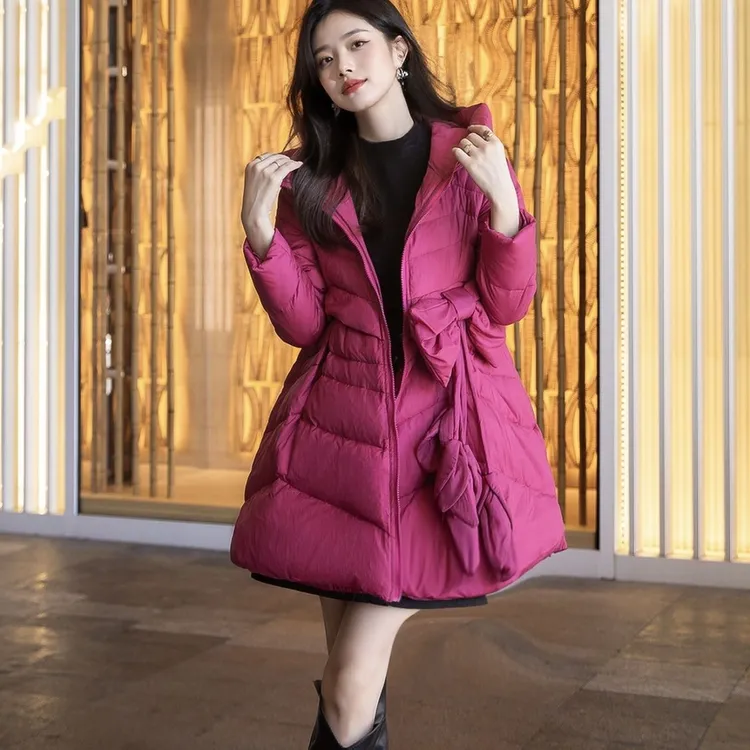 女士中长款加厚蝴蝶结修身韩版保暖外套冬季新款
