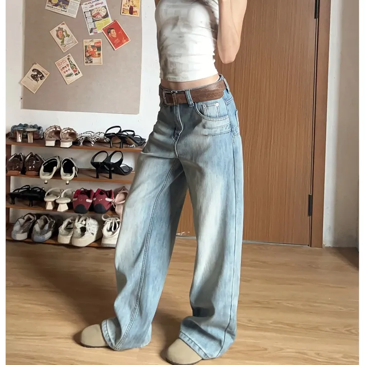 WANWAN同款慵懒风秋季直筒裤冰蓝女显瘦百搭春秋休闲宽松牛仔裤