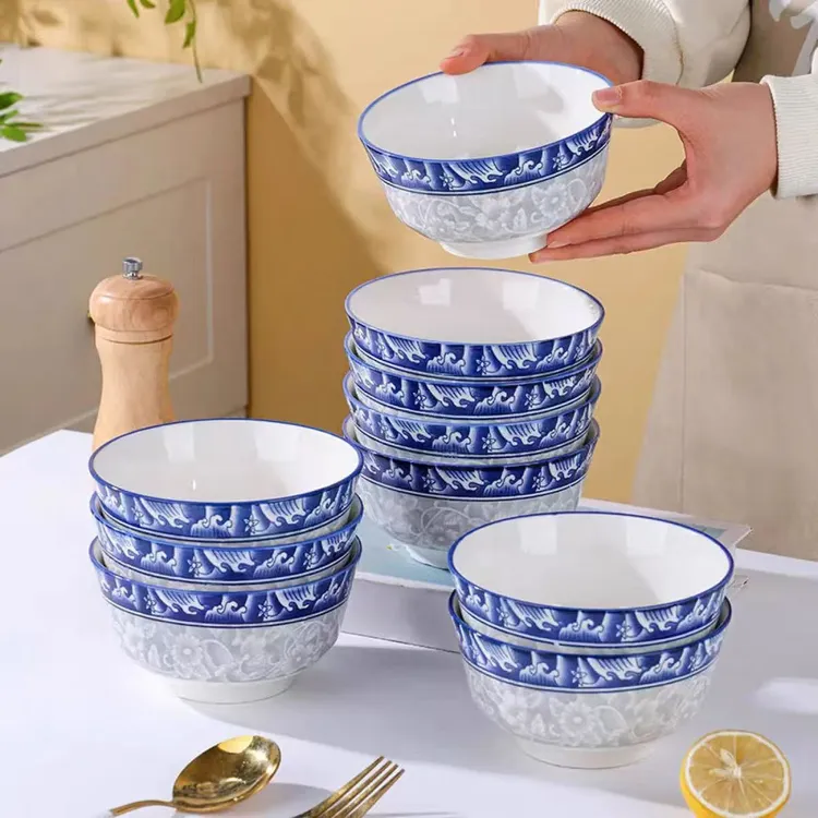 10只装5英寸青花瓷米饭碗家用吃饭小碗陶瓷碗餐具中式釉下彩