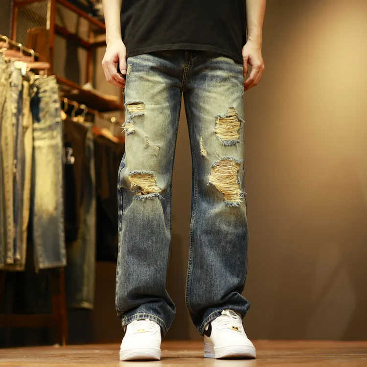 9909破洞乞丐水洗复古做旧夏季潮流宽松男士直筒牛仔裤