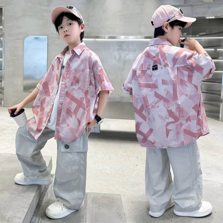 男童夏季短袖衬衫裤子套装薄款中大童时尚帅气韩版两件套儿童男孩
