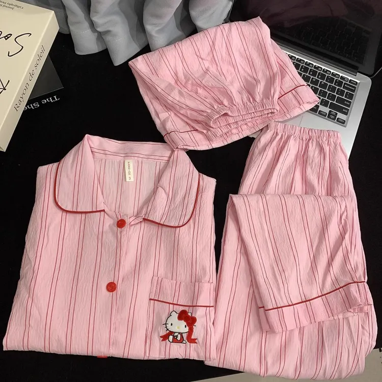 夏季2025新款可爱短袖三件套云朵棉卡通猫咪睡衣女士居家服