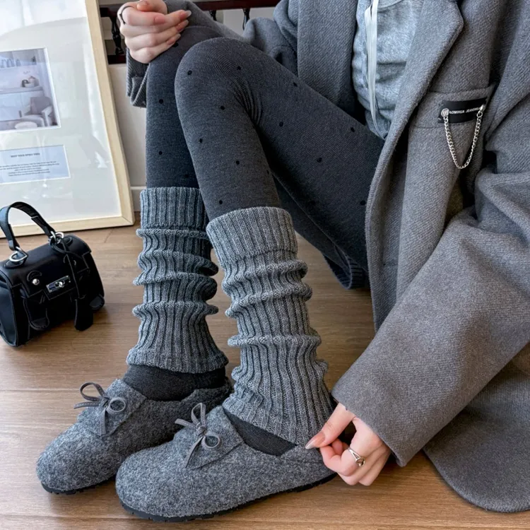 基础款瑜伽款袜套女秋季针织竖条显瘦腿套韩版简约堆堆袜jk长筒袜