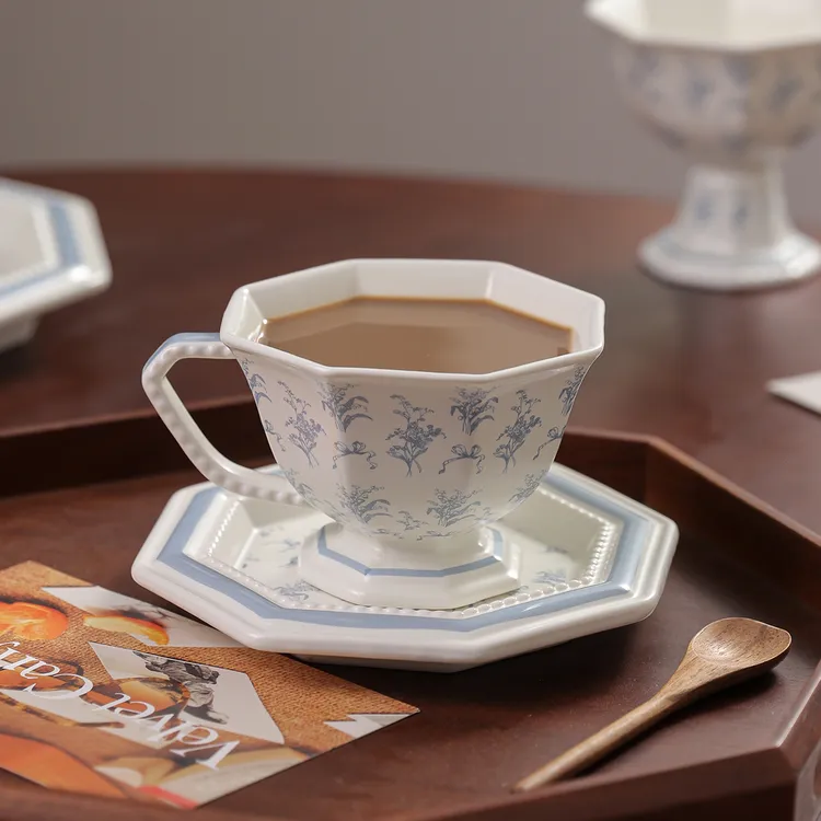 铃兰八角中式复古马克杯陶瓷杯碟套装高颜值咖啡杯水杯子东方美学