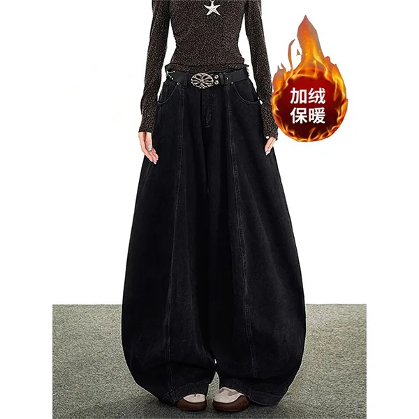 美式复古水洗廊形加绒加厚牛仔裤子女辣妹宽松慵懒松弛感弯刀长裤