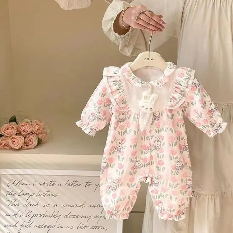 秋装女宝宝婴儿衣服连体衣新款双层可爱长袖爬服公主外出服