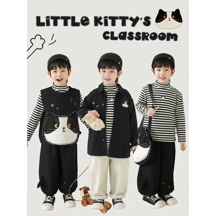 幼悠男童秋装日系黑猫咪套装潮酷痞帅童装可爱超萌儿童衣服N6538