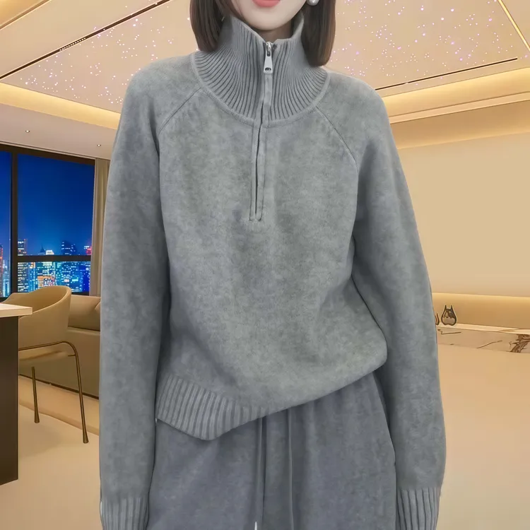 秋冬宽松气质长袖针织衫女2025新款时尚半拉链休闲百搭保暖上衣女