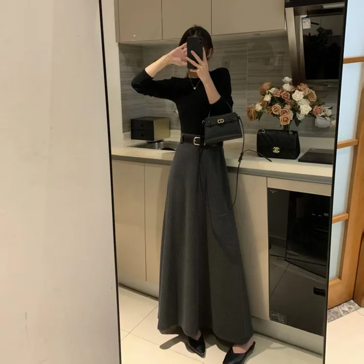 韩版毛呢半身裙含腰带2025秋冬气质高腰显瘦a字百搭长款半身裙女