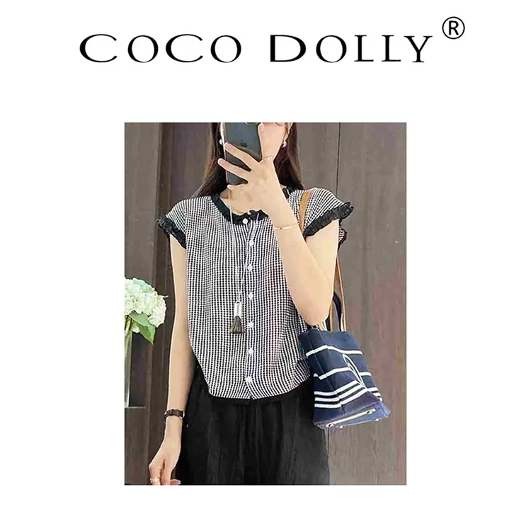 COCO DOLLY法式格子短袖衬衫女木耳边轻奢休闲百搭小飞袖上衣8330
