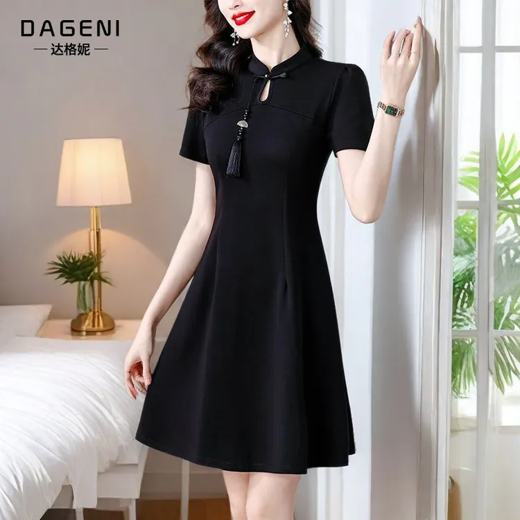 新中式盘扣小黑裙女2025夏季新款遮肉显瘦连衣裙改良式A字旗袍裙