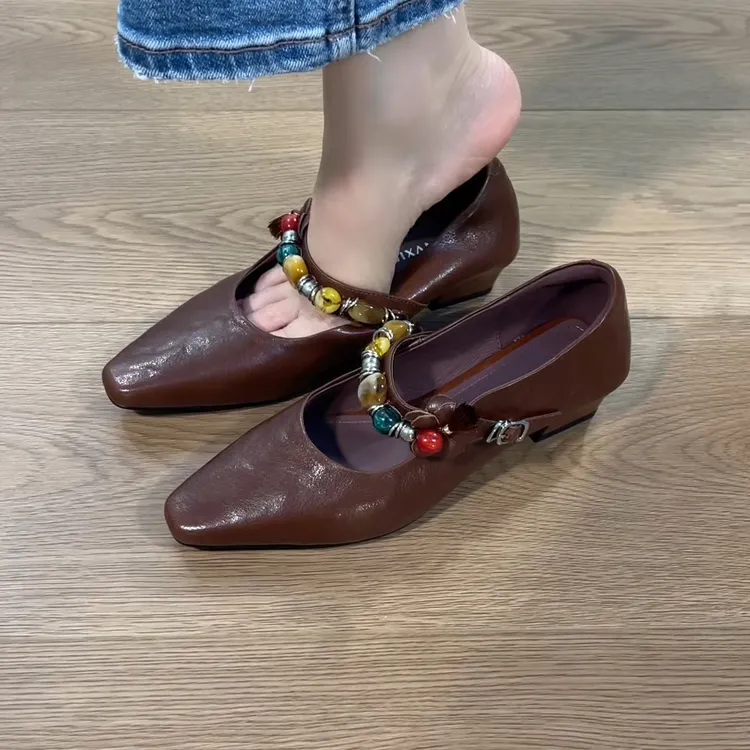秋季新款民族风串珠时尚气质舒适百搭复古粗跟方头玛丽珍包头单鞋