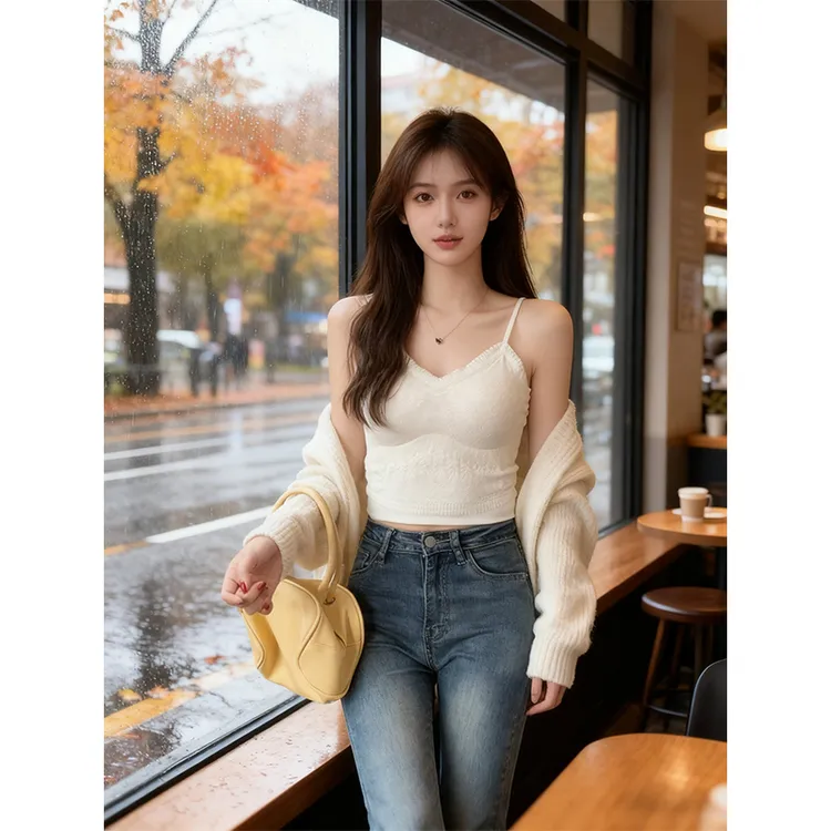 蕾丝吊带背心女冬季带胸垫美背内搭文胸一体内衣打底修身辣妹上衣