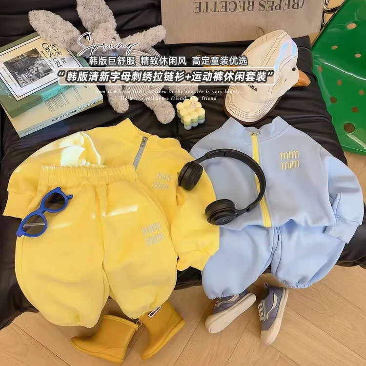 春季长袖套装时尚休闲萌娃穿搭潮流男童女童刺绣拉链套装运动韩版