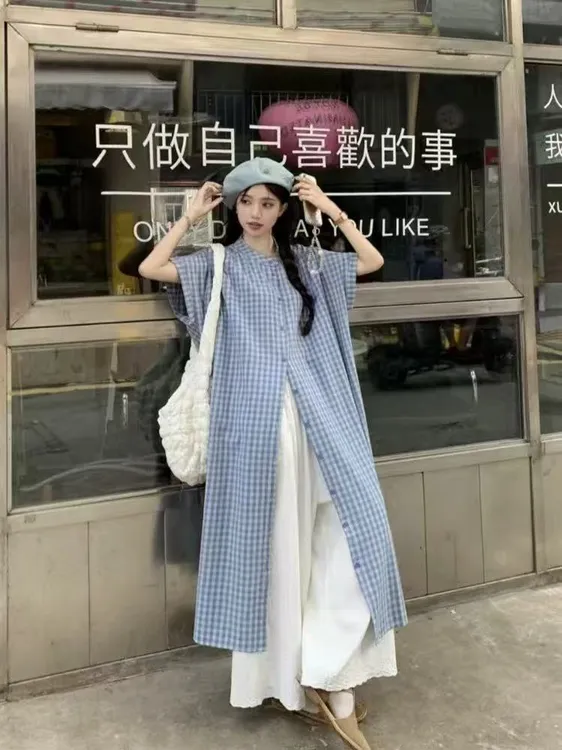 小个子叠穿两件套150韩系设计感宽松中长格子衬衣裙+阔腿裤裙xs