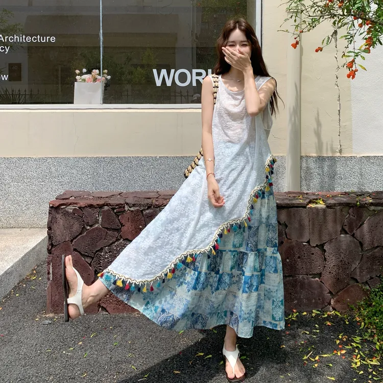 不规则蕾丝刺绣罩衫印花半身裙两件套女2025夏季度假风背心套装裙