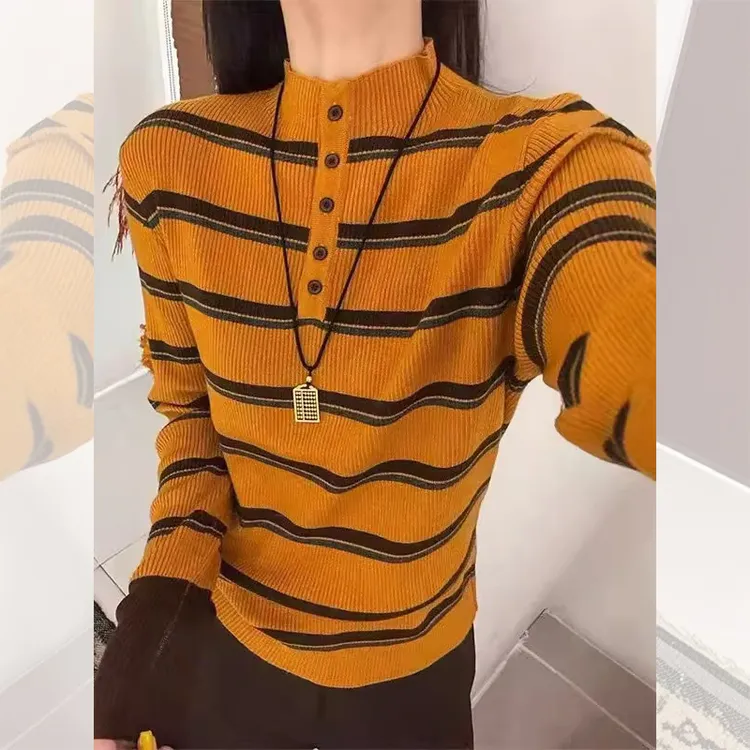 别致独特漂亮橘色条纹小衫内搭半高领针织衫女秋冬洋气高贵上衣服