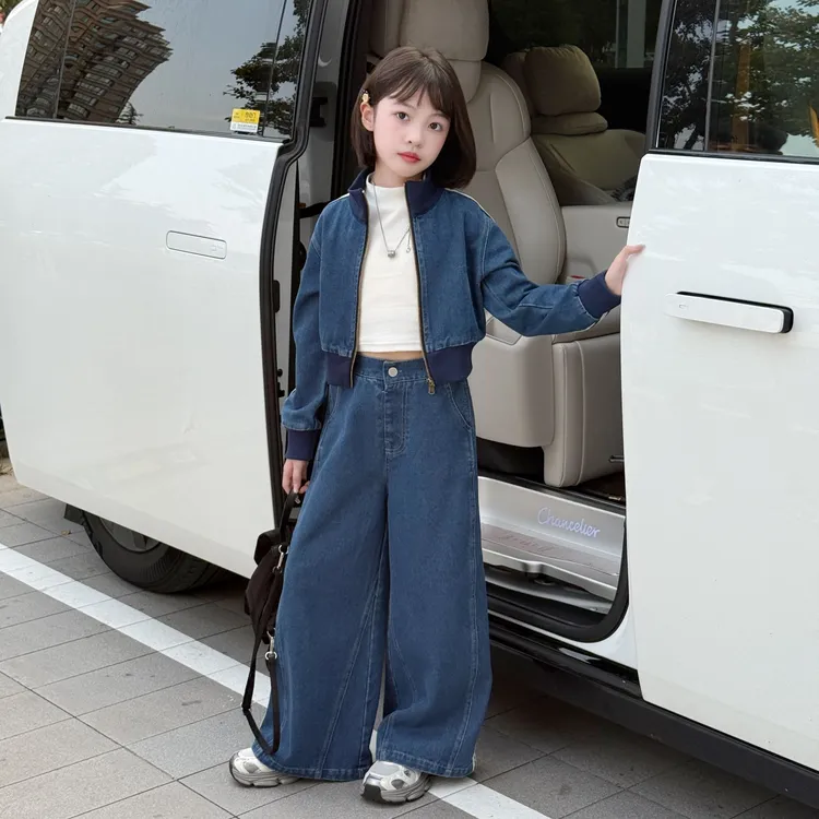 女童港风复古夹克拉条牛仔套装春秋2025新款洋气时髦秋装外套两件